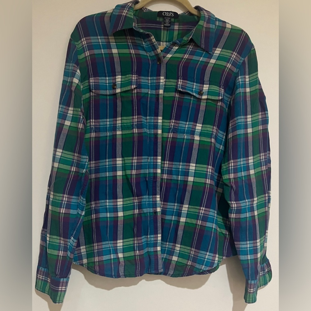 Women’s Plaid Button-Up Shirt in Blue and Green